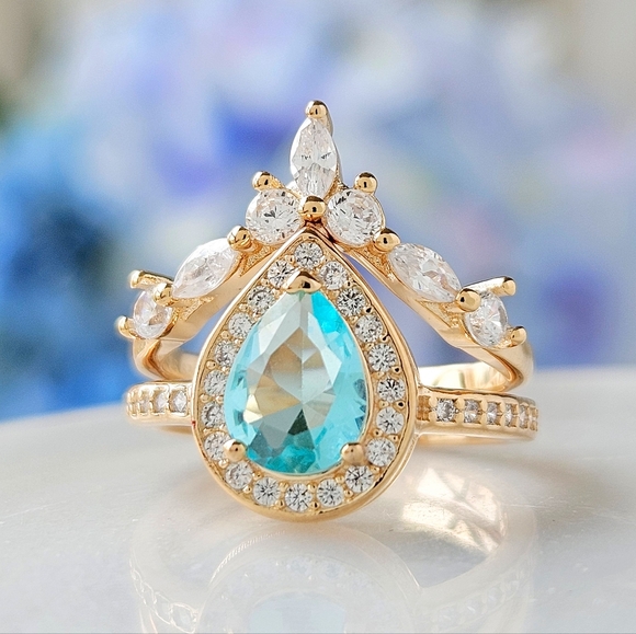 Blue & Teal tourmaline ombre stone ring set , 925 Sterling Silver Charmed Aroma - Picture 2 of 4